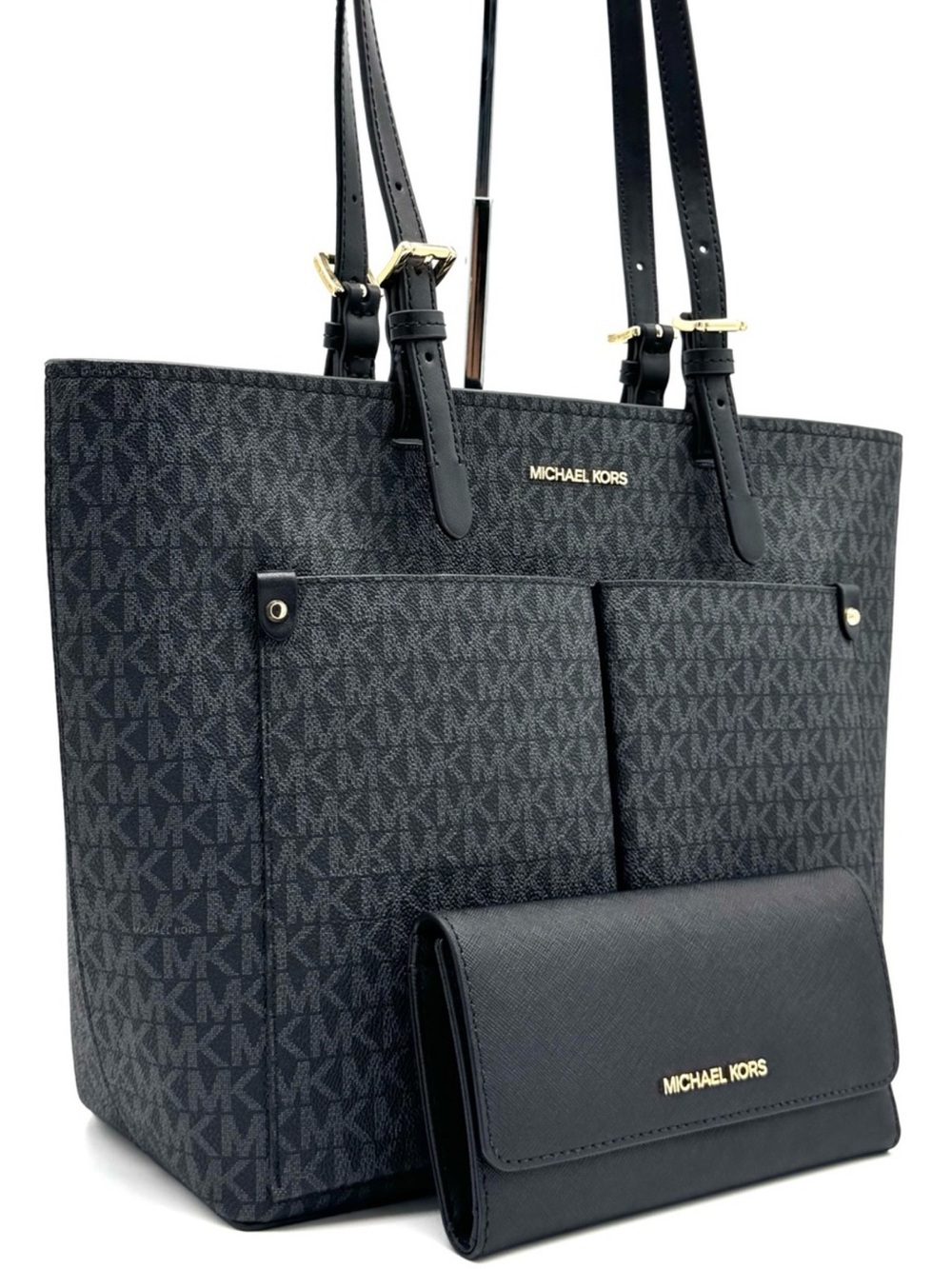 Michael Kors Jet Set Medium Pocket Tote Bag & Matching Trifold Wallet Black/Gold
